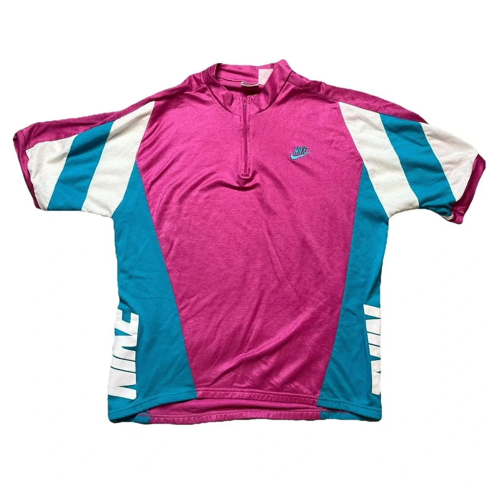 Vintage 80s 90s ds NIKE Cycling embroidered swoosh bicycle jersey kit L Pink